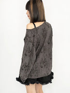Women’s Distressed Graphic Off-Shoulder Long-Sleeve T-Shirt