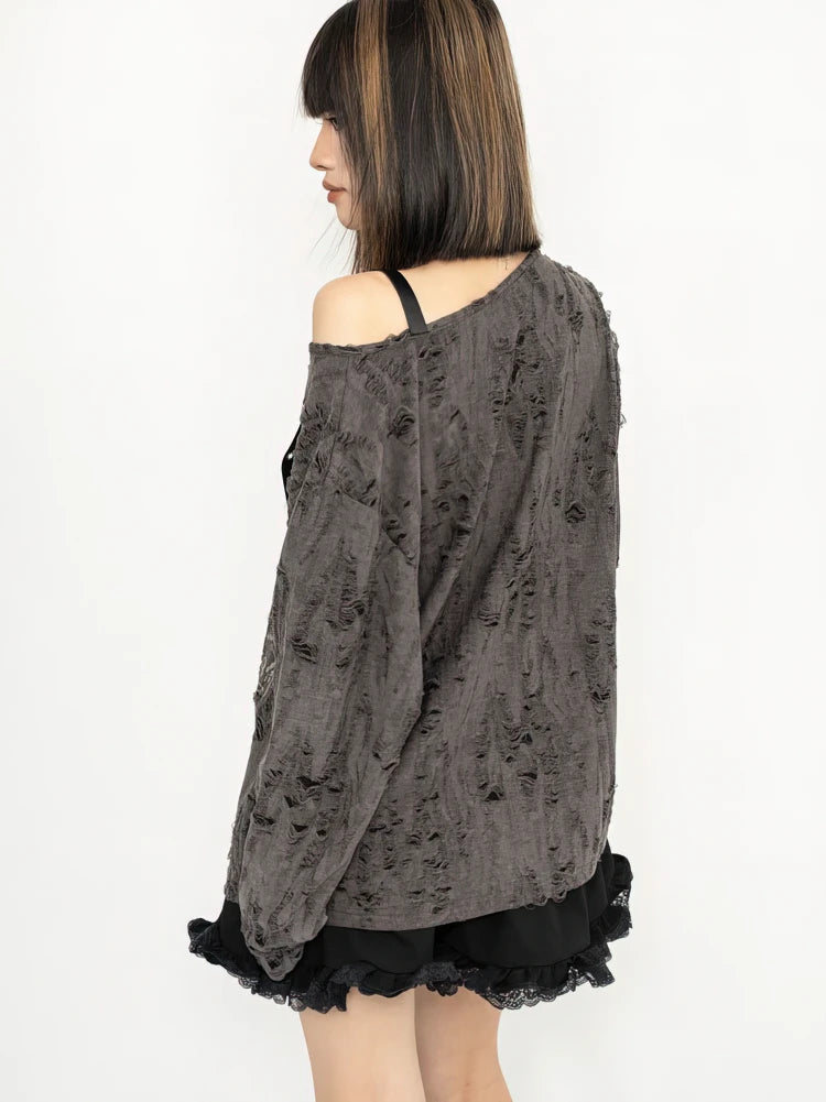 Women’s Distressed Graphic Off-Shoulder Long-Sleeve T-Shirt