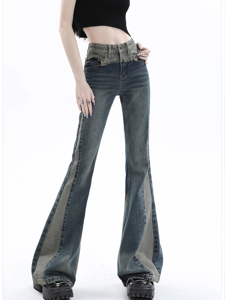 Women’s Blue Patchwork High-Waist Bootcut Jeans