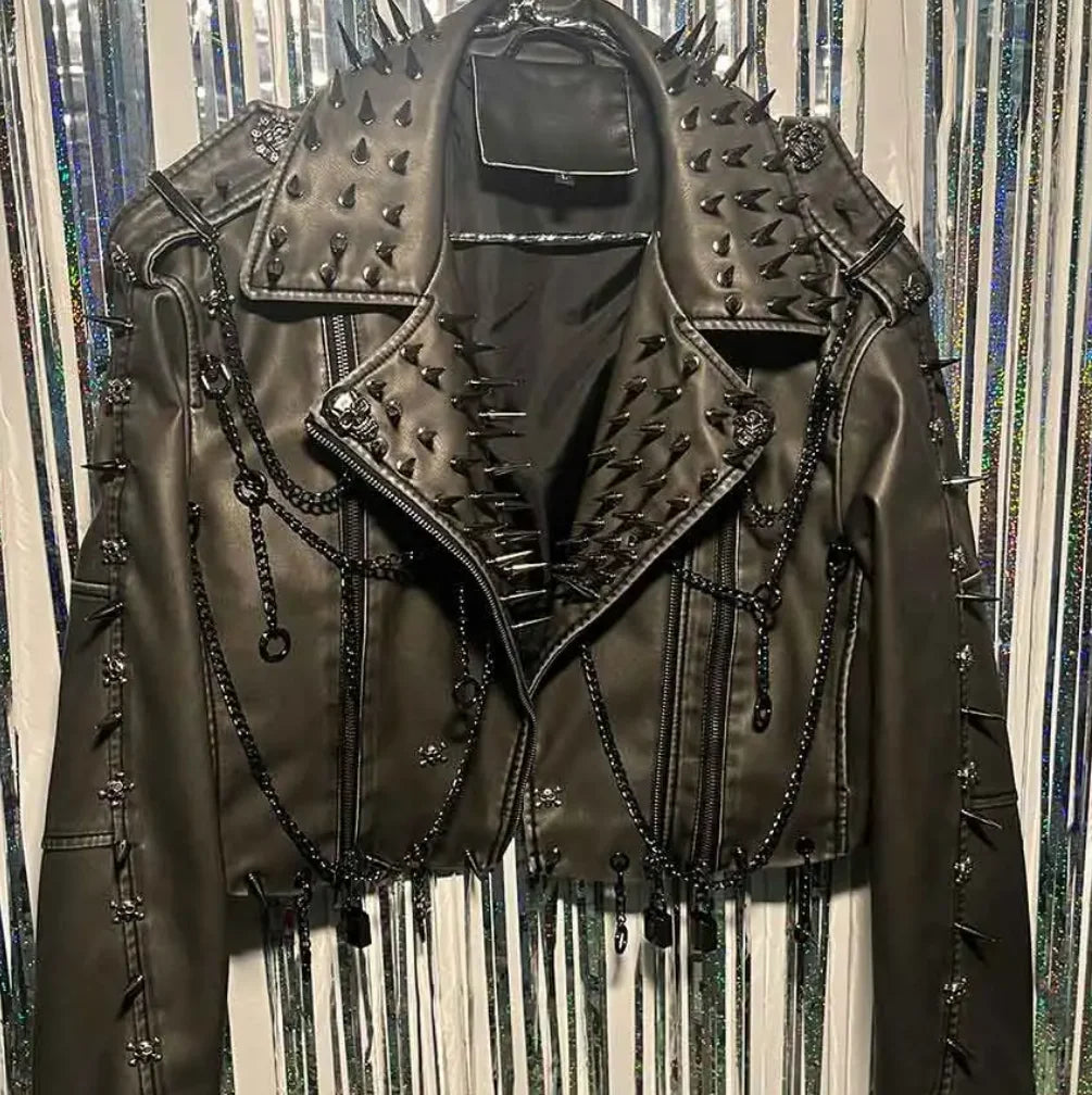 Women's Gray PU Leather Spiked Jacket
