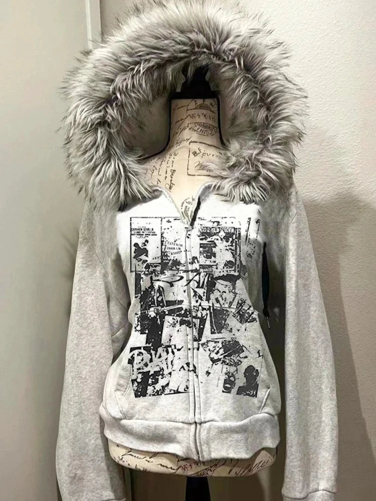 Faux Fur American Vintage Coats with Hooded Women's Y2K Sweatshirts Gothic Harajuku Subculture Punk Emo Sweatshirts and Jacket