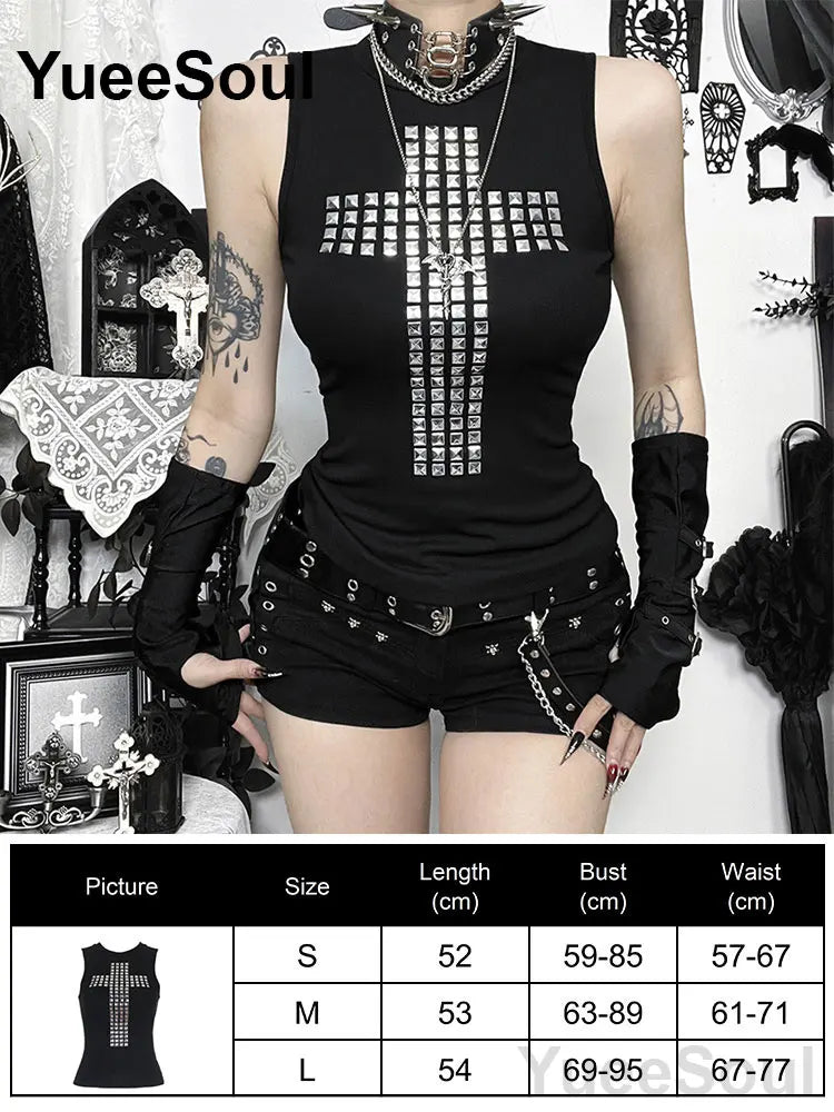 Black Studded Cross Graphic Sleeveless Goth Top