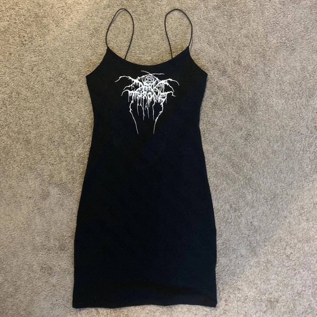 Black Graphic Spaghetti-Strap Mini Dress