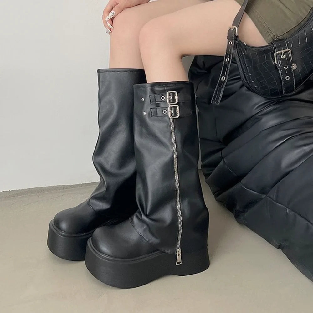 Black Platform Knee-High Boots with Buckle Details