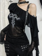 Women's Black Gothic Graphic Off-Shoulder Flare-Sleeve Top