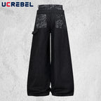 Men's Black Patchwork Wide-Leg Jeans
