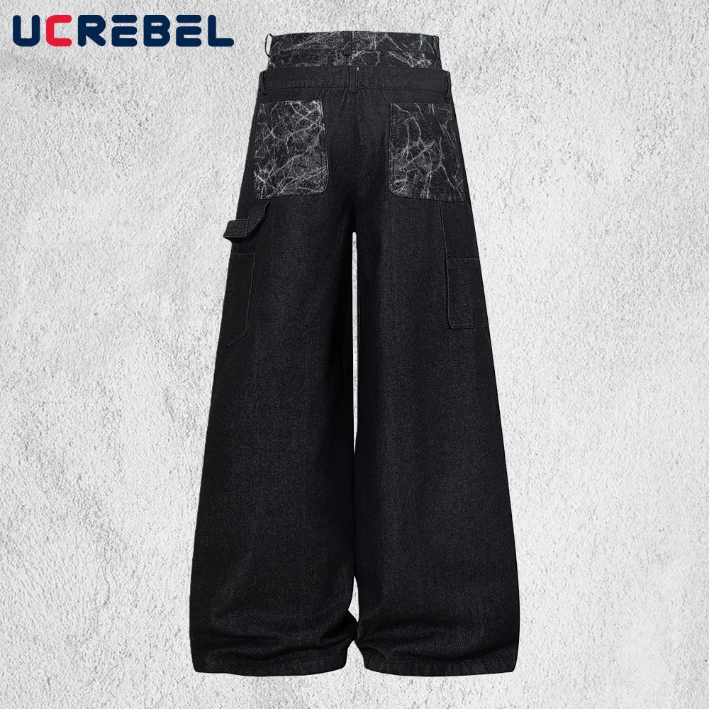 Men's Black Patchwork Wide-Leg Jeans