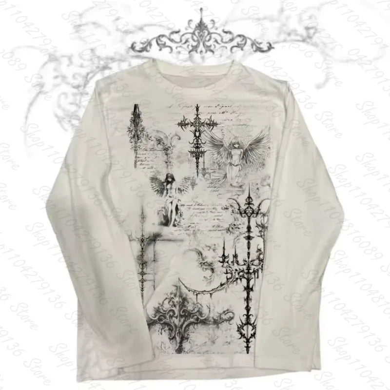 White Gothic Graphic Long-Sleeve T-Shirt