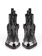 Black Studded Western Boots with Metallic Toe and Skull Buckle