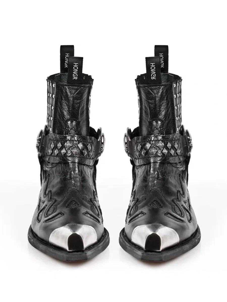Black Studded Western Boots with Metallic Toe and Skull Buckle