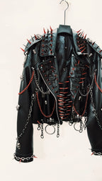 Women's Black Faux Leather Punk Jacket with Spikes and Chains