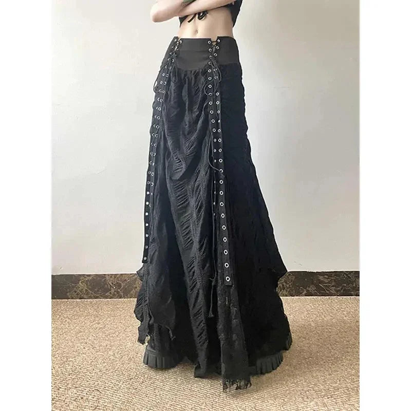 Black High-Rise Lace-Up Ruched Maxi Skirt