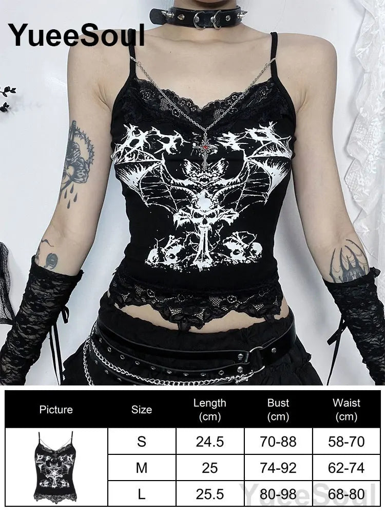 Black Gothic Lace-Trim Graphic Camisole Top