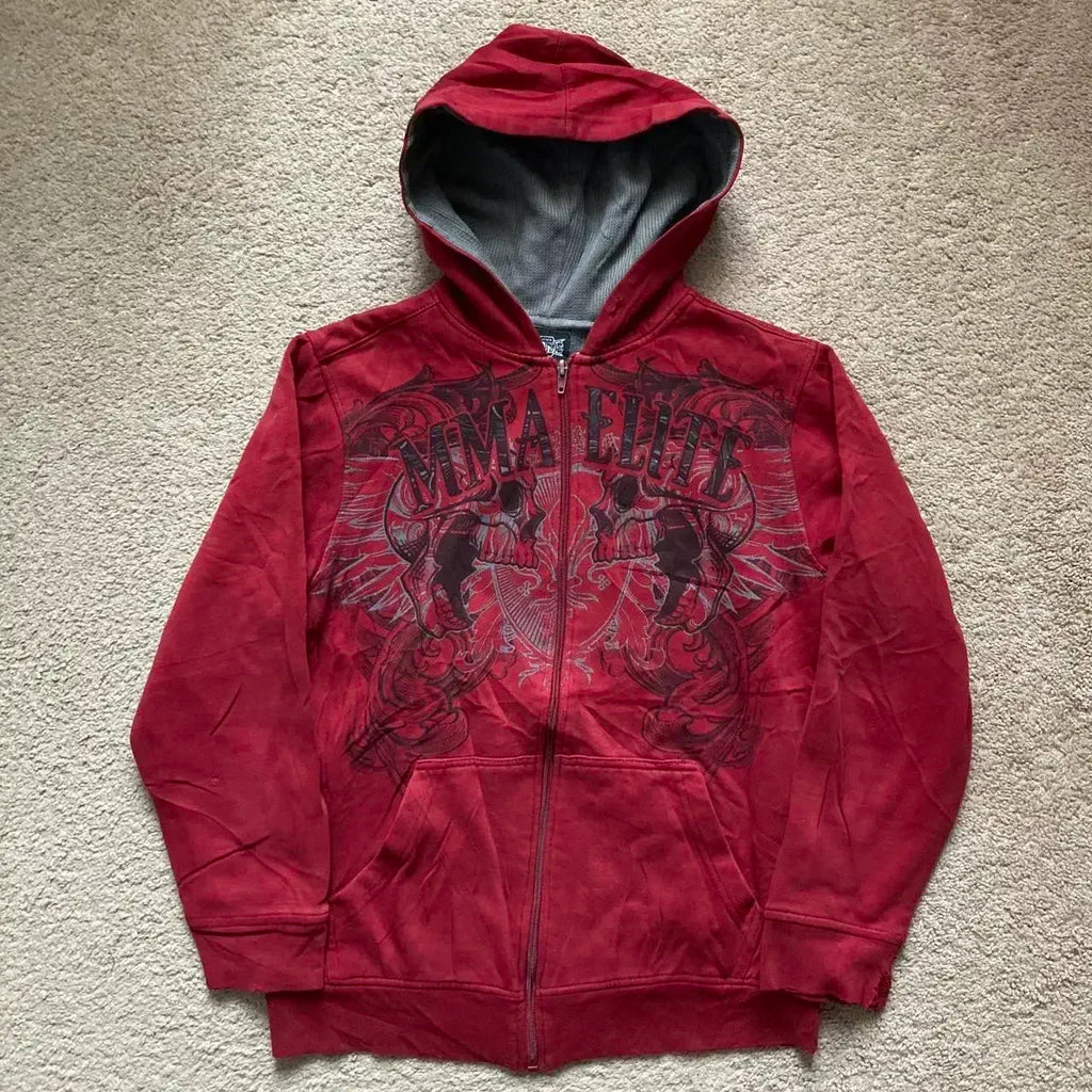 Graphic Zip-Up Hoodie with Hood and Long Sleeves