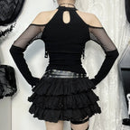 Women's Black Gothic Fishnet Cutout Long-Sleeve Top