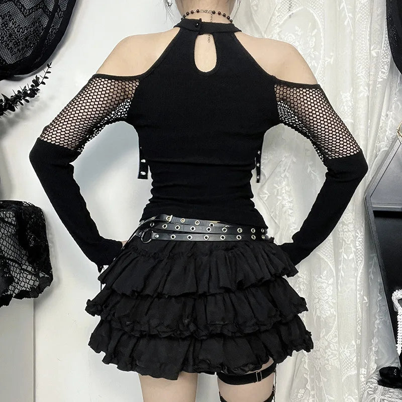 Women's Black Gothic Fishnet Cutout Long-Sleeve Top