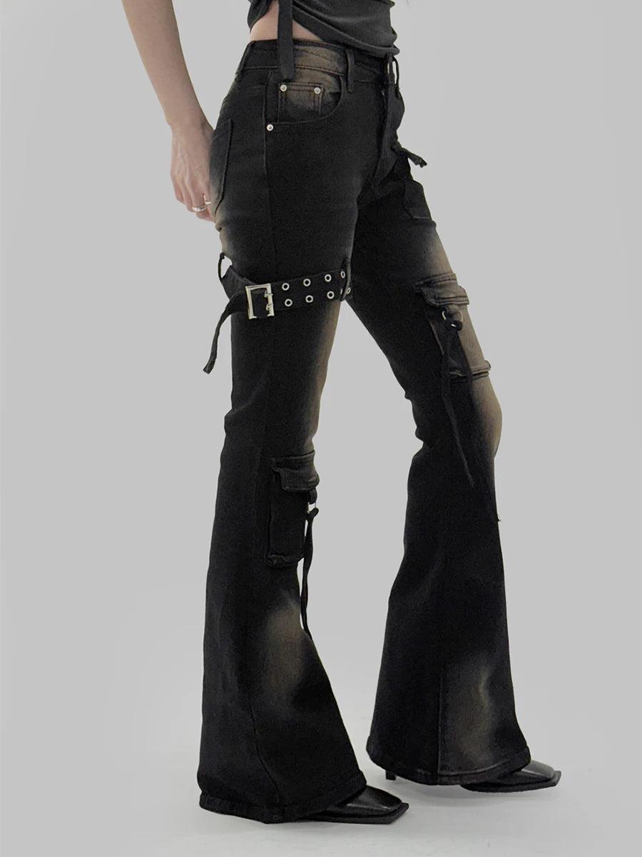 Women's Black and Blue Low-Rise Flare Cargo Jeans with Belt Detail
