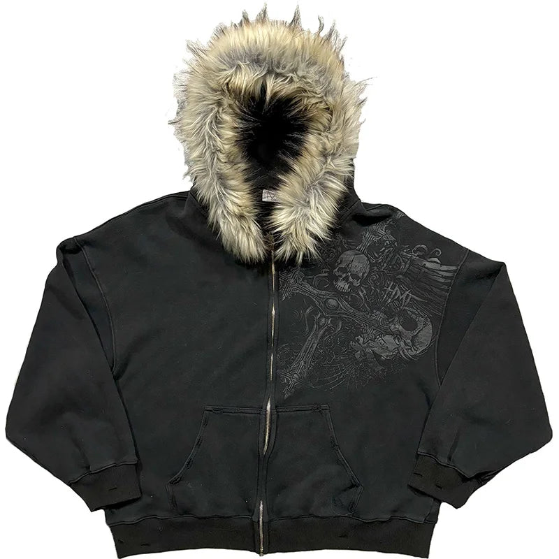 Women's Faux Fur Collar Graphic Zip-Up Hoodie