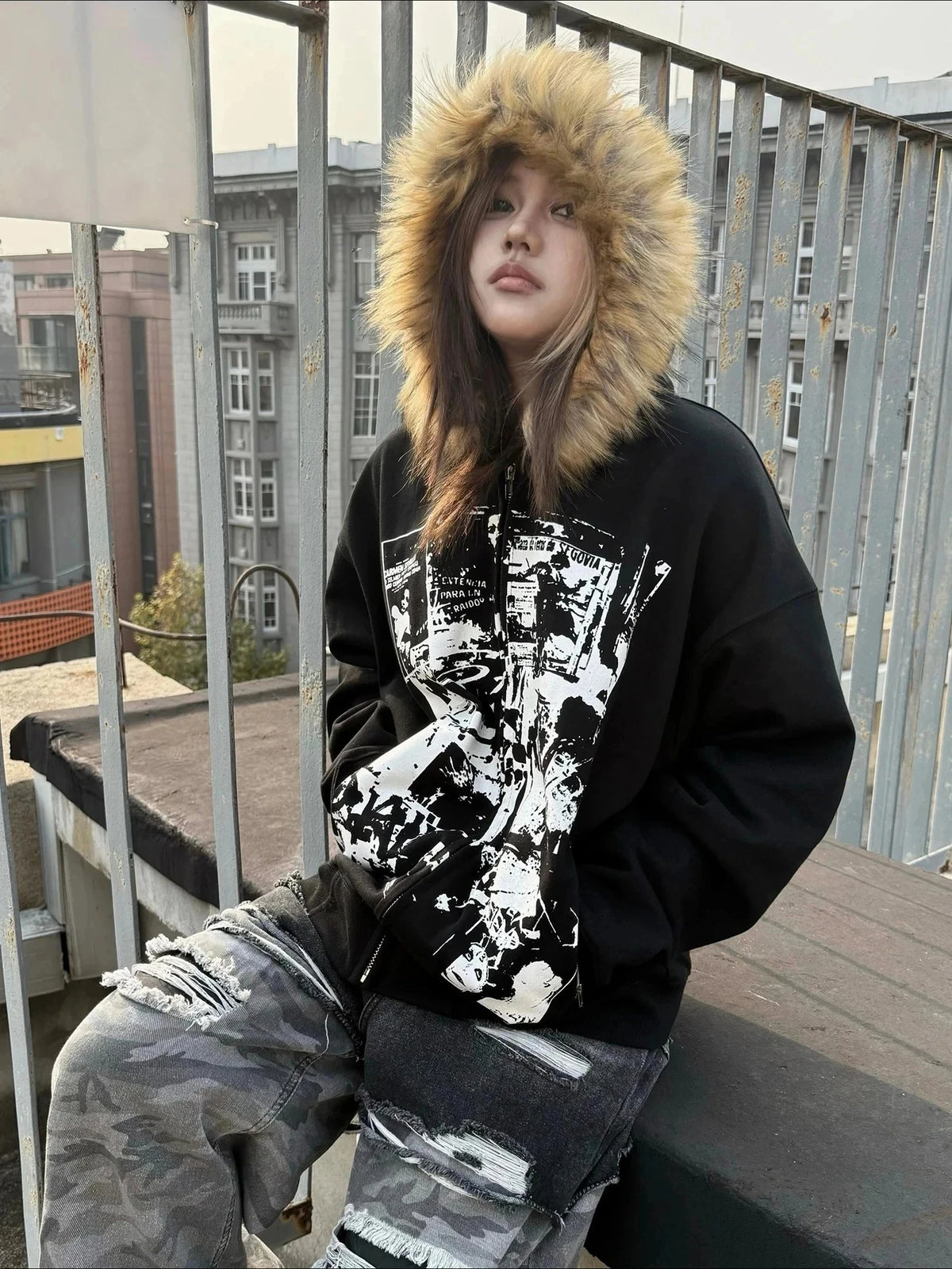 Faux Fur American Vintage Coats with Hooded Women's Y2K Sweatshirts Gothic Harajuku Subculture Punk Emo Sweatshirts and Jacket