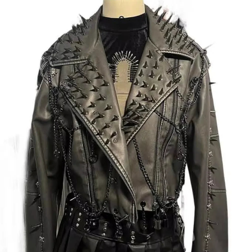 Women's Gray PU Leather Spiked Jacket