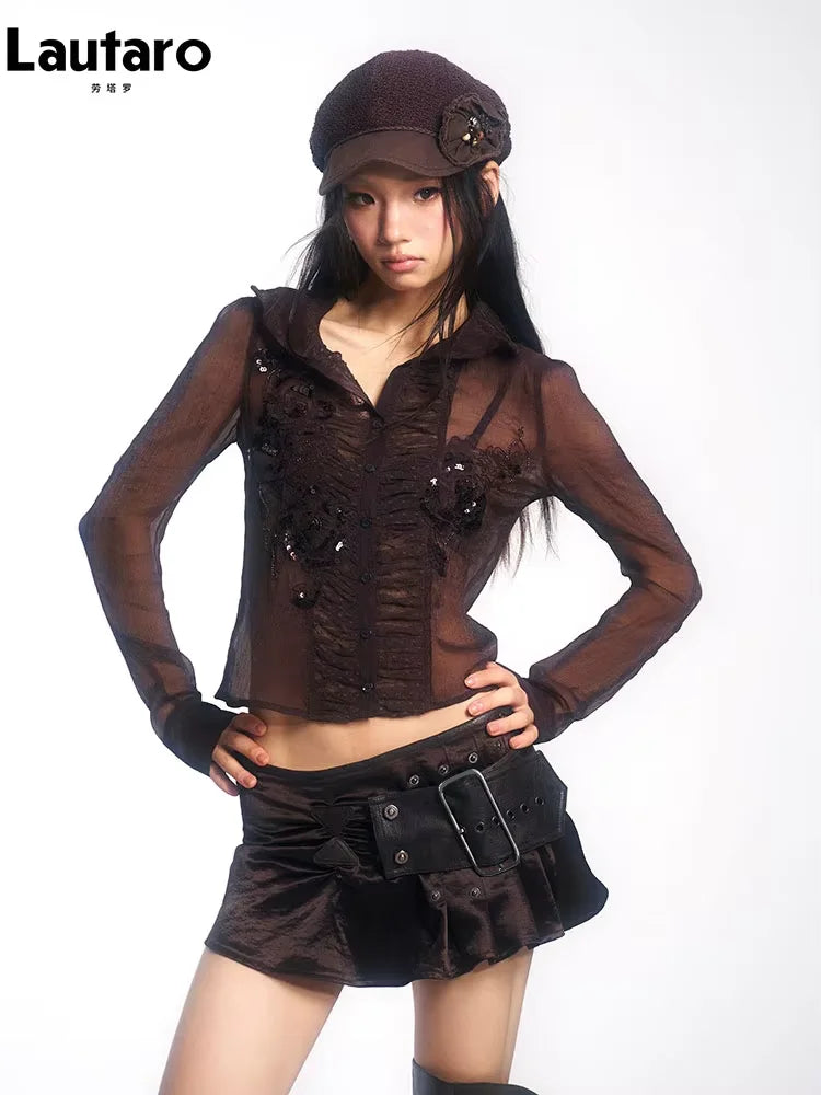 Women's Black Faux Leather Patchwork Ruffled Mini Skirt with Belt