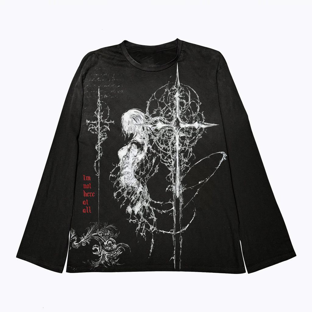 Grunge Black Long-Sleeve Graphic T-Shirt