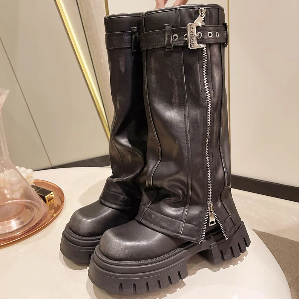 Women's Knee-High Platform Boots with Belt Detail and Square Toe