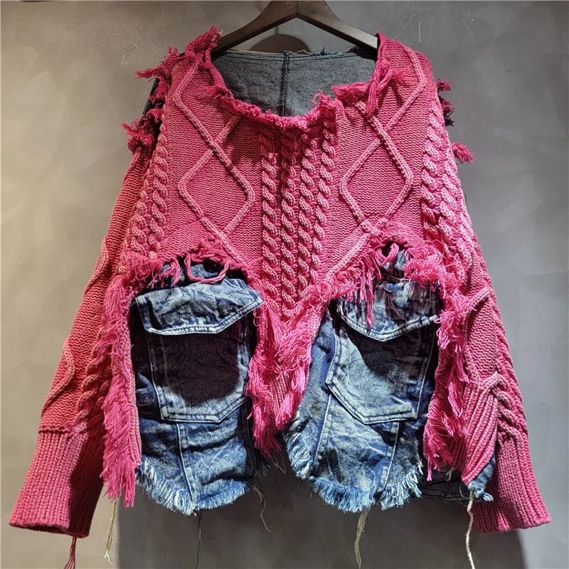 Women's Washed Pink Patchwork Knit Sweater with Denim Pockets