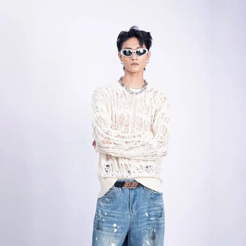 Men's Distressed Open-Knit Crewneck Sweater