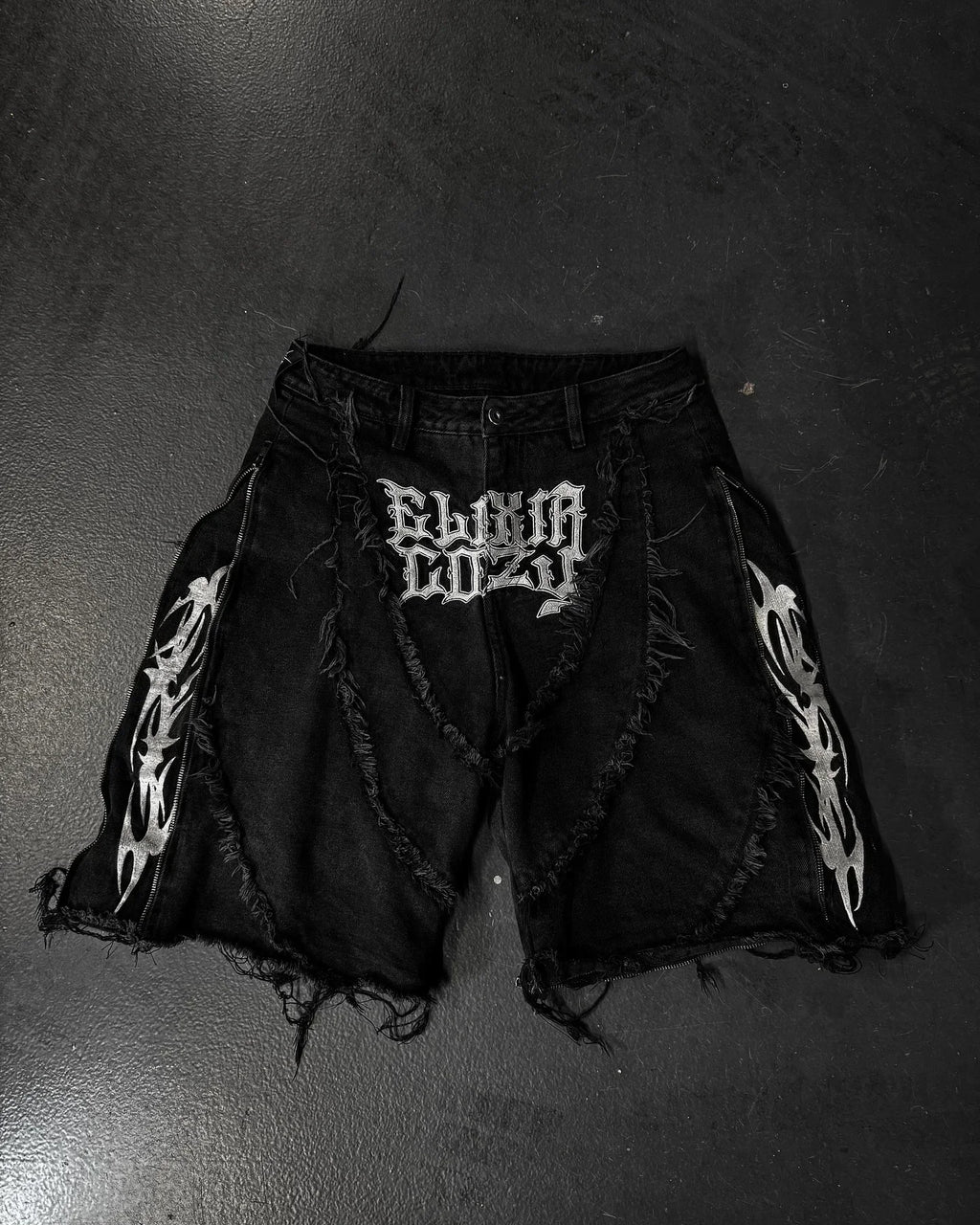 Men's Black Patchwork Embroidered Zipper-Panel Baggy Jeans