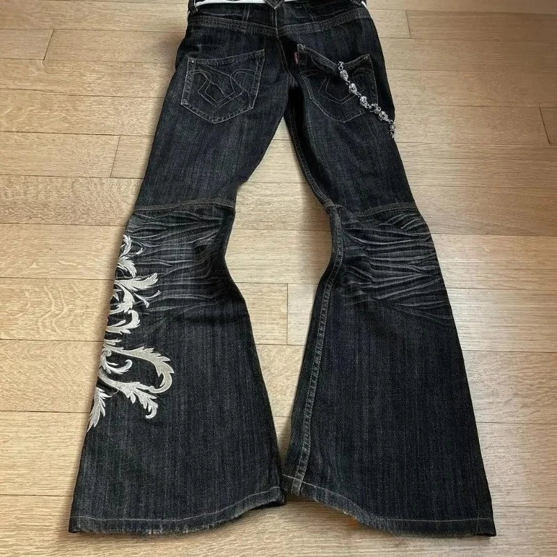 Women’s Black Embroidered Wide-Leg Jeans with High Waist