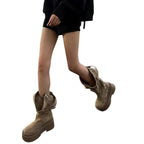 Women’s Brown Slouchy Mid-Calf Boots with Square Toe and Low Heel