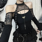 Women's Black Gothic Fishnet Cutout Long-Sleeve Top