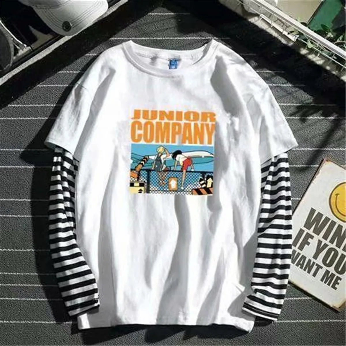 Men’s Layered Long-Sleeve T-Shirt with Striped Sleeves