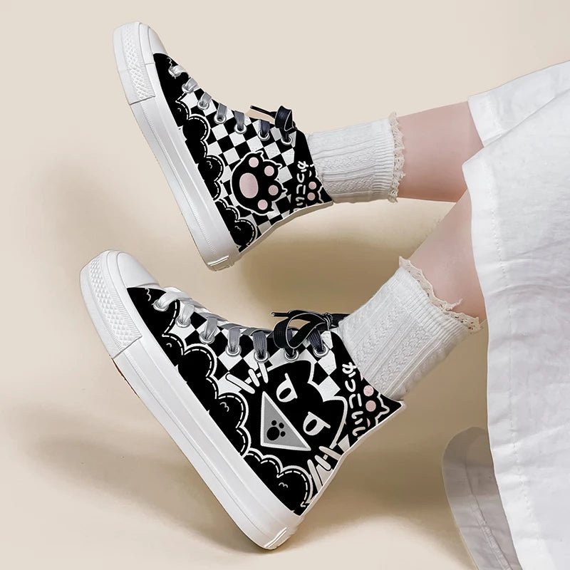 Women's Black-and-White Graffiti High-Top Canvas Sneakers