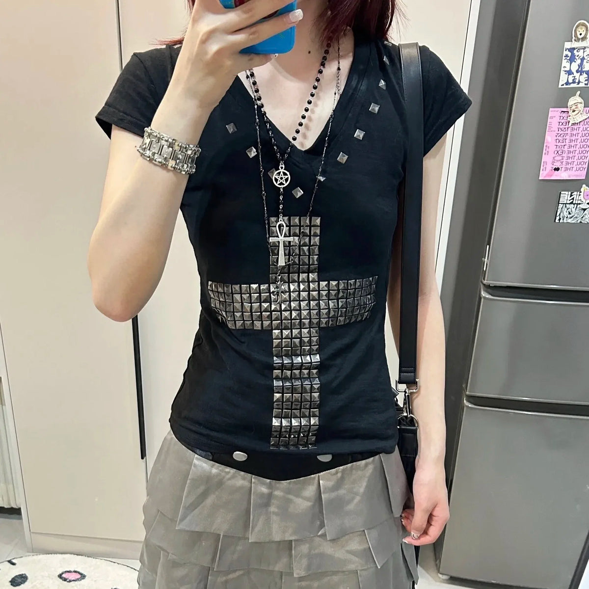 Women's Sheer V-Neck Cross Print T-Shirt