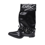 Black Pointed-Toe Buckle Strap Knee-High Boots