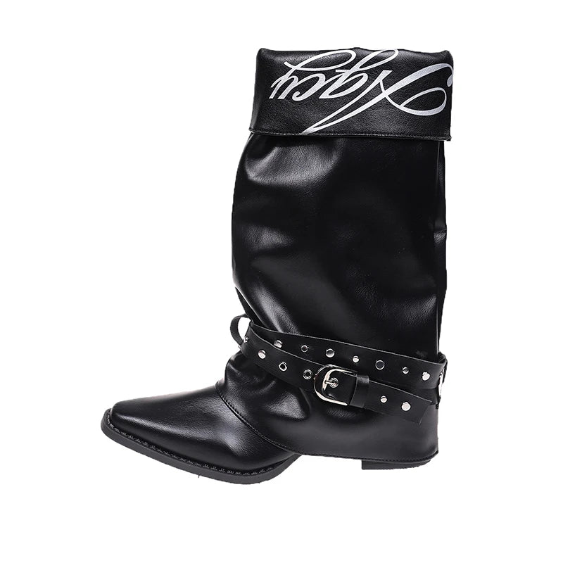 Black Pointed-Toe Buckle Strap Knee-High Boots