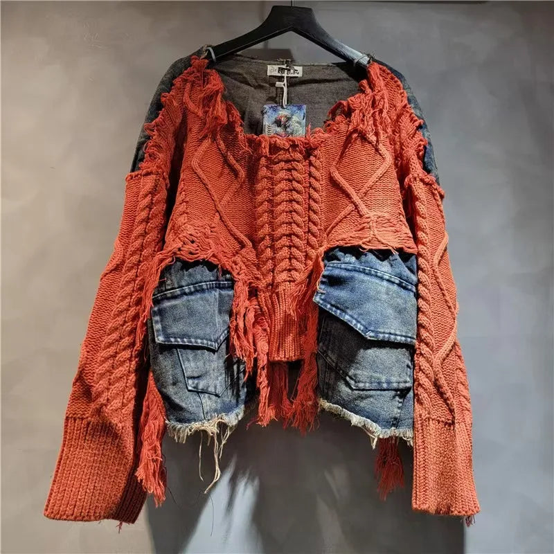 Women's Orange-Red Patchwork Knit Sweater with Denim Pockets