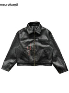 Men's Black Faux Leather Jacket with Red Ribbon Detail