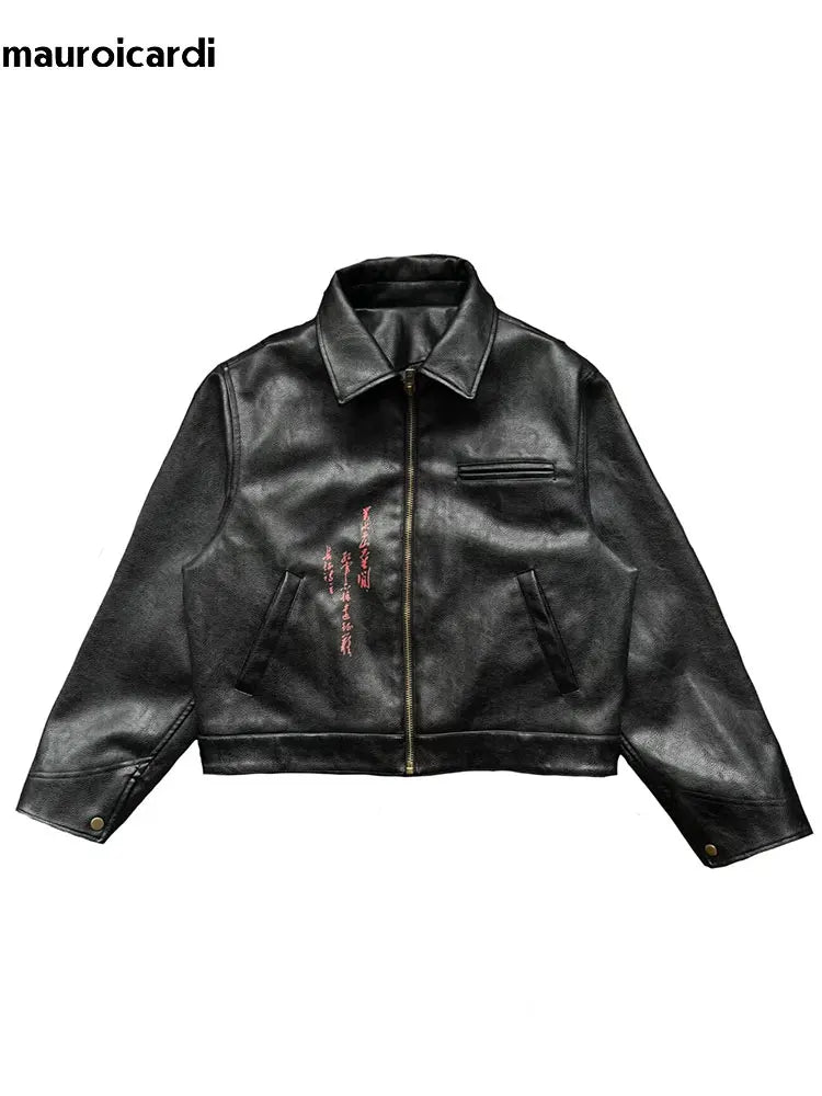 Men's Black Faux Leather Jacket with Red Ribbon Detail