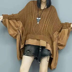 Women's Brown Cable-Knit Patchwork V-Neck Sweater