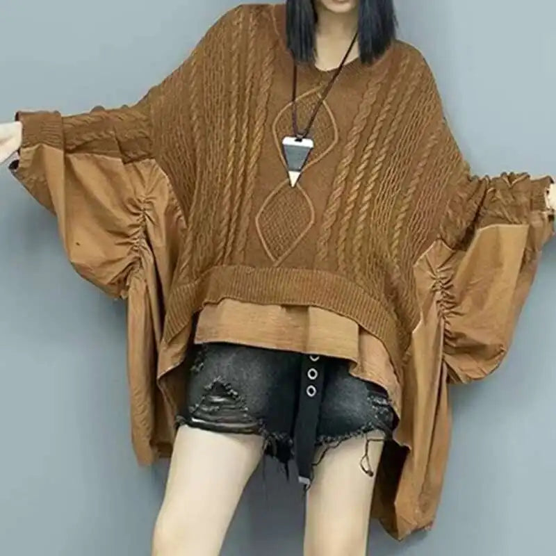 Women's Brown Cable-Knit Patchwork V-Neck Sweater