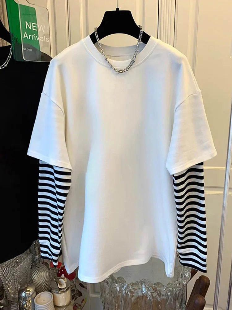 Men's Black and White Striped Layered Long-Sleeve T-Shirt