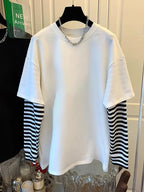 Men's Black and White Striped Layered Long-Sleeve T-Shirt