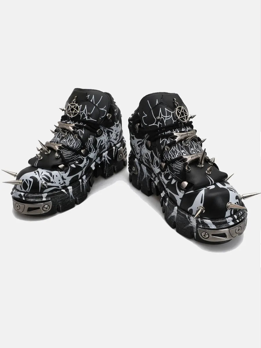 Black Graffiti Rivet Platform Shoes with Spikes