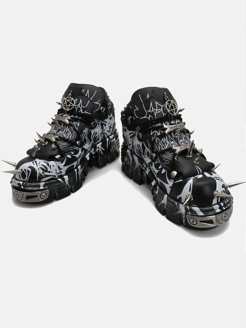 Black Graffiti Rivet Platform Shoes with Spikes