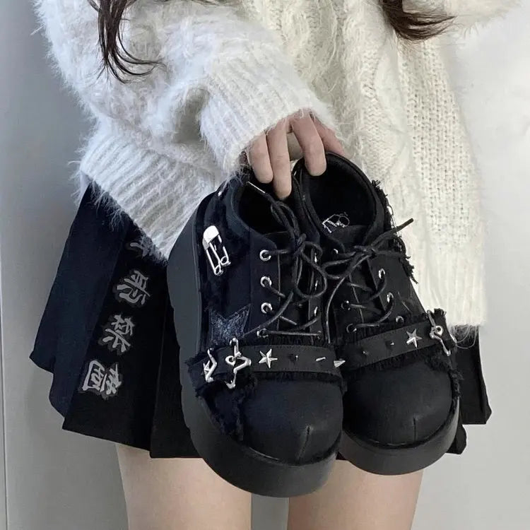 Star-Print Platform Ankle Boots with Chain Detail
