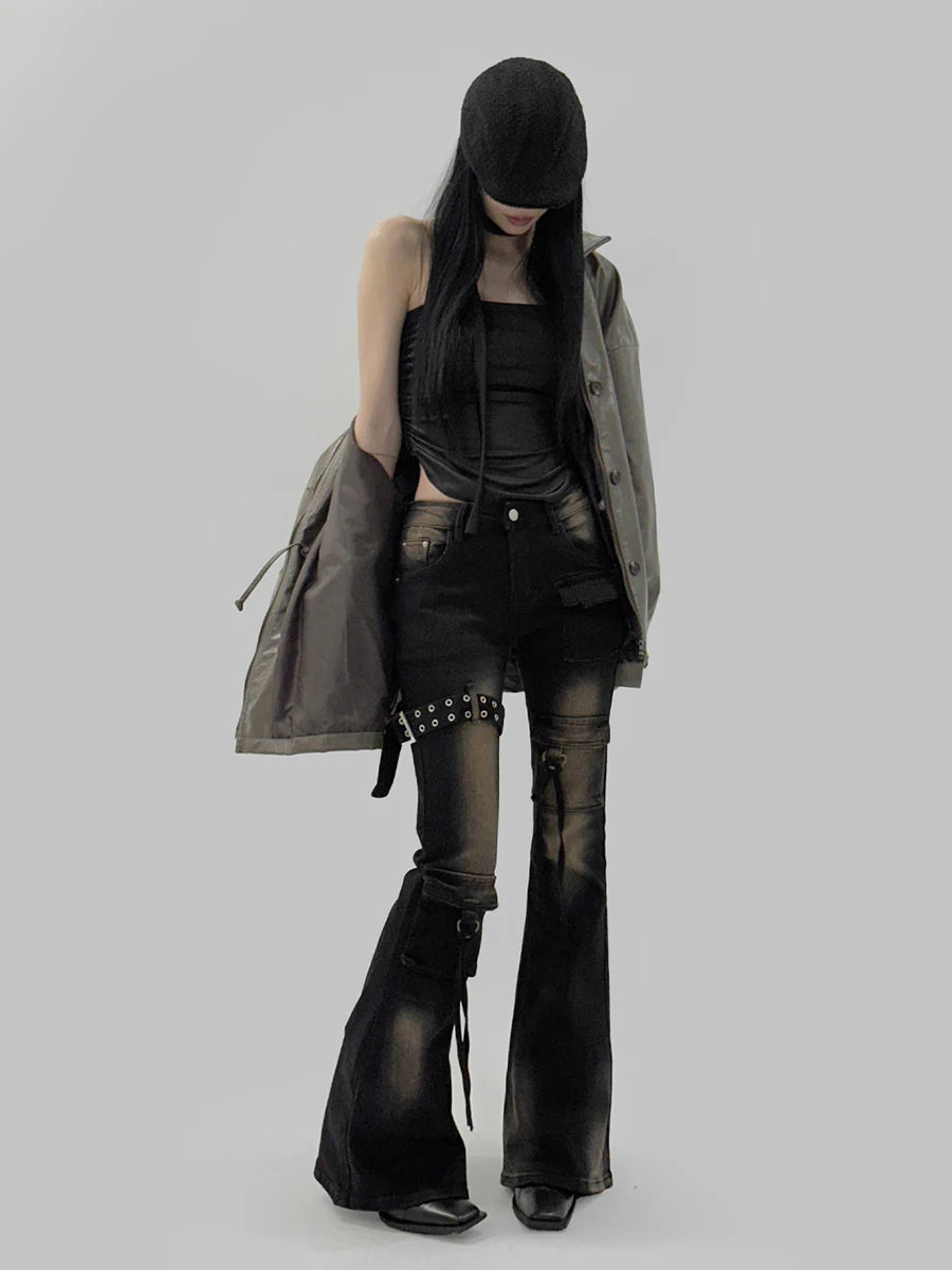 Women's Black and Blue Low-Rise Flare Cargo Jeans with Belt Detail