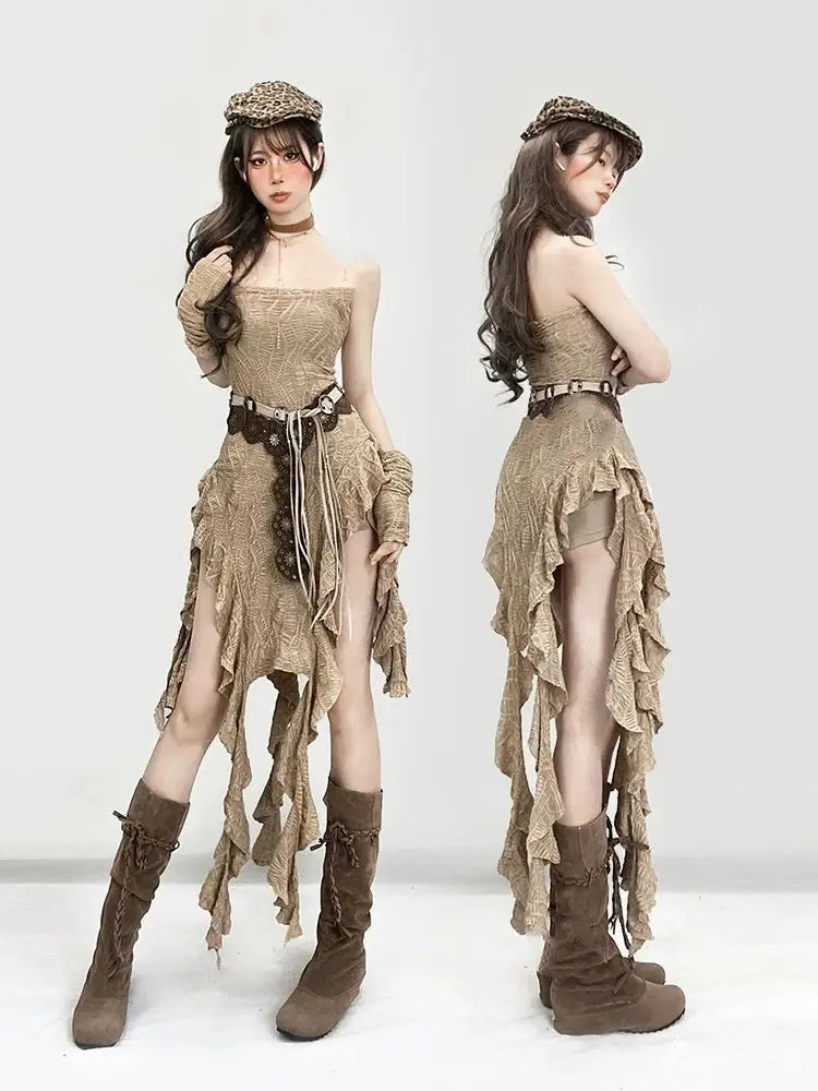Khaki Strapless Ruffle-Fringe Dress